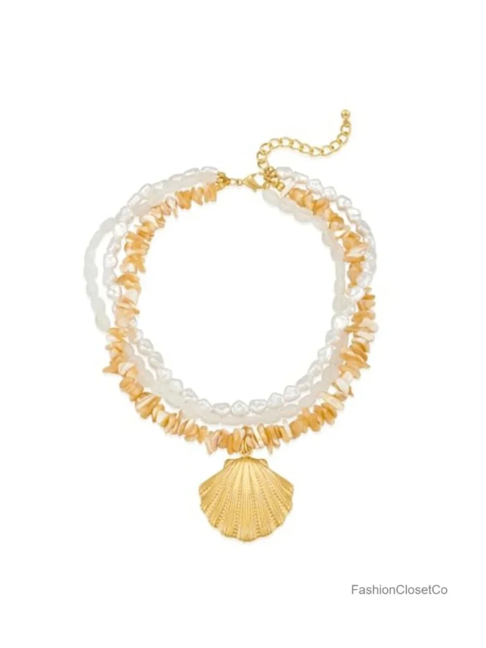 Three Layer Gold Plated Brass Seashell Choker Necklace, Summer Beach Jewelry,